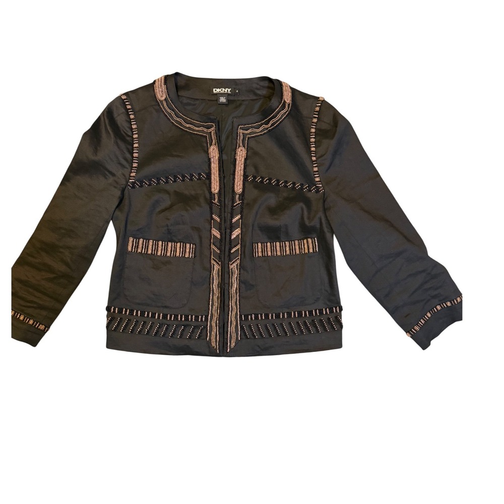 DKNY Womens Black Beaded Open Front Cropped Jacket Size 4 Pink Gold Accents - Picture 7 of 12